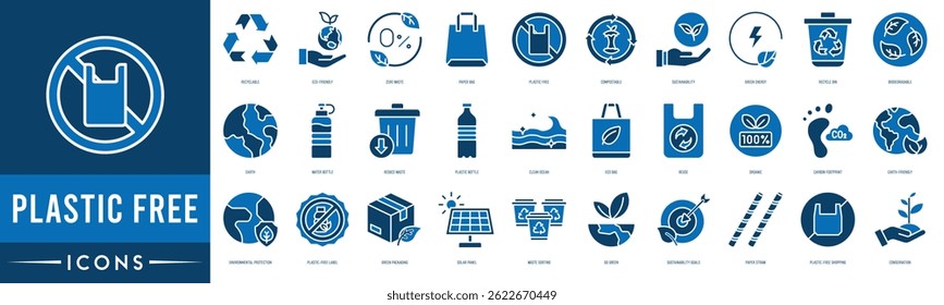Plastic Free icon set. Recyclable, Eco-friendly, Zero Waste, Paper Bag, Plastic Free, Compostable and Sustainability