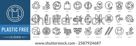 Plastic Free icon set. Recyclable, Eco-friendly, Zero Waste, Paper Bag, Plastic Free, Compostable and Sustainability