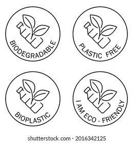 Plastic free icons. Biodegradable. Round symbol with bottle and leaves inside. Recycling plastic bottle. Eco friendly compostable material production. Zero waste, nature protection concept. Vector