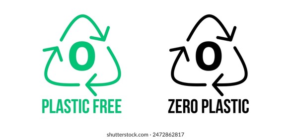 Plastic free icons for zero plastic and eco package, vector symbols. Reusable and recyclable or biodegradable organic package icons for zero plastic free products stamps with recycling arrows