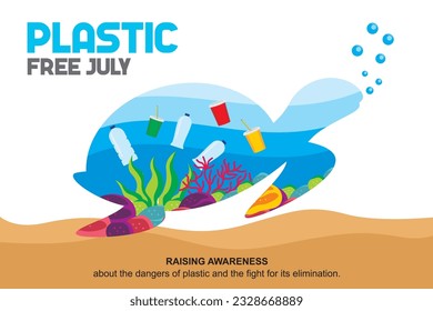 Plastic free july background banner. Environment pollution