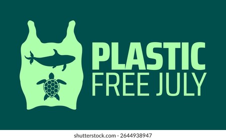 Plastic Free July background or banner design. Green Plastic Bag Silhouette with Shark and Turtle, Promoting Ocean Conservation and Reducing Plastic Pollution.