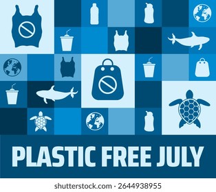 Plastic Free July background or banner design.  Blue Tiled Background with Icons of Earth, Marine Life, and Plastic Items, Promoting Environmental Awareness.