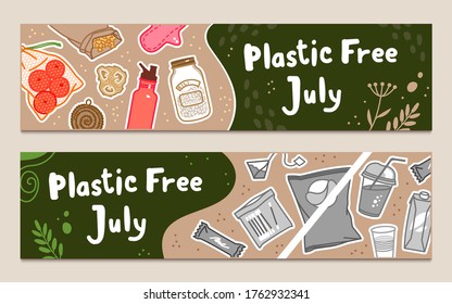 Plastic Free July zero waste eco friendly website banners with the image of reusable and disposable things: products in plastic, a glass jar, a bag for fruits