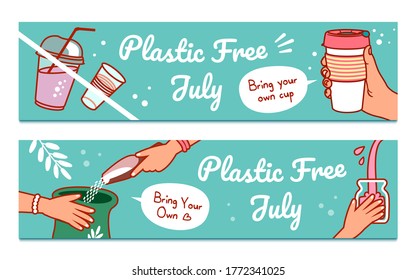 Plastic Free July zero waste eco friendly website banners with the image of reusable mug and bag and disposable plastic cups