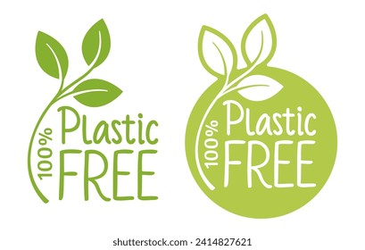 Plastic free label in calligraphic decoration with doodle crop. Zero waste, natural, organic products badges. Vector stamp design