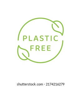 Plastic free label with leaf circle. Simple outlined vector emblem.