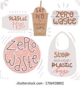 Plastic free lettering illustrations. Zero waste hand drawn phrase. Ecology composition.