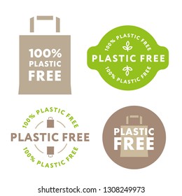 Plastic Free Life. Collection of Green Healthy Organic Eco Label Stamp Badge. Paper Bag Recycle Concept.