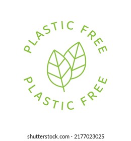 Plastic free line vector label. Environment friendly tag with leaf, outlined.