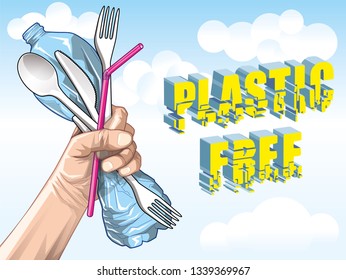 Plastic free logo with hand squeeze. Plastic pollution problem. Ecological poster.