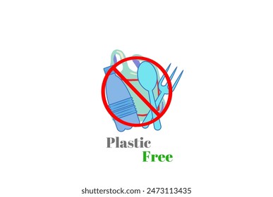 Plastic free, no plastic sign with plastic bag, bottle and spoon isolated on white background 