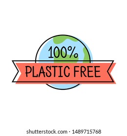 Plastic free product label logo line style with Earth and text, template for packaging, vector illustration.