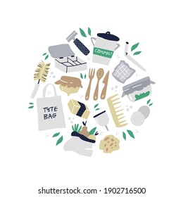 Plastic free products flat vector illustrations set. Reusable and recyclable eco friendly items isolated cliparts. Zero waste containers, canvas tote, bamboo toothbrush design elements pack