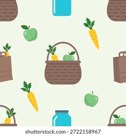 Plastic free shopping seamless pattern with paper bags, glass jars, and fresh produce. Flat vector background for organic market packaging, grocery store branding, and eco-friendly lifestyle.