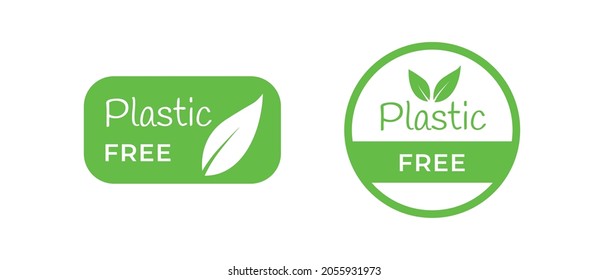 Plastic free stamp (in 2 variations) - hand-drawn lettering in modern eco-friendly style - isolated vector green signs set
