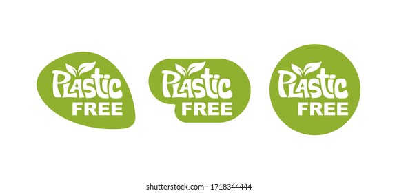 Plastic free stamp (in 3 variations) - hand-drawn lettering in modern eco-friendly style - isolated vector green signs set