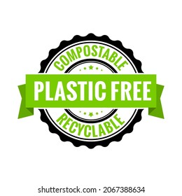 Icono de sello ecológico de círculo de autoadhesivos libres de plástico. Etiqueta de placa sin plástico verde cero bpa
