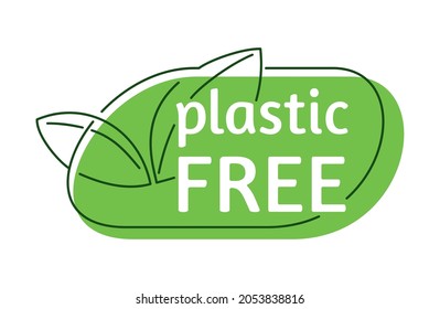 Plastic free sticker in flat green frame. Zero waste, natural, organic products badges. Vector stamp design