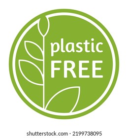 Plastic free sticker in flat green circle. Zero waste, natural, organic products badges. Stamp design