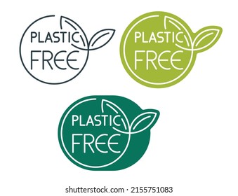 Pegatinas libres de plástico puestas en formas decorativas planas. Basura cero, distintivos de productos naturales orgánicos. Diseño de sellos vectores