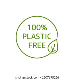 Plastic free vector logo for 100% recycle and sustainable bag badge or label. Green icon for reusable and BPA free warranty packaging paper sticker design. Line vector illustration with eco leaf V1