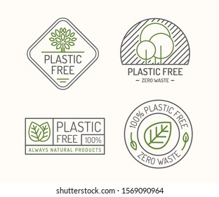 Plastic free vector sign set for farm fresh shop, eco label, control sticker, ecological and natural product market, vegan food store, organic product, bio store. 10 eps