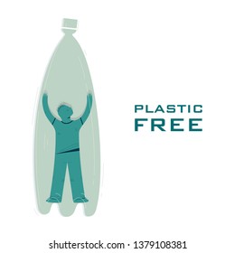 Plastic free, waste recycle vector banner template. Guy trapped inside bottle cartoon character. Ecology protection, save nature poster idea. Garbage reduce illustration with typography