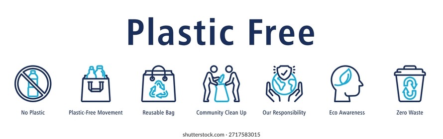 Ilustración vectorial de iconos de Anuncio de Web libre de plástico con iconos de ningún plástico, movimiento sin plástico, bolsa reutilizable, limpieza comunitaria, nuestra responsabilidad, conciencia ecológica y cero desperdicios.
