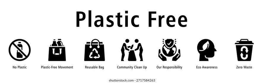 Ilustración vectorial de iconos de Anuncio de Web libre de plástico con iconos de ningún plástico, movimiento sin plástico, bolsa reutilizable, limpieza comunitaria, nuestra responsabilidad, conciencia ecológica y cero desperdicios.