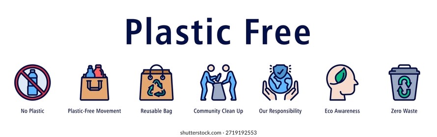 Ilustración vectorial de iconos de Anuncio de Web libre de plástico con iconos de ningún plástico, movimiento sin plástico, bolsa reutilizable, limpieza comunitaria, nuestra responsabilidad, conciencia ecológica y cero desperdicios.