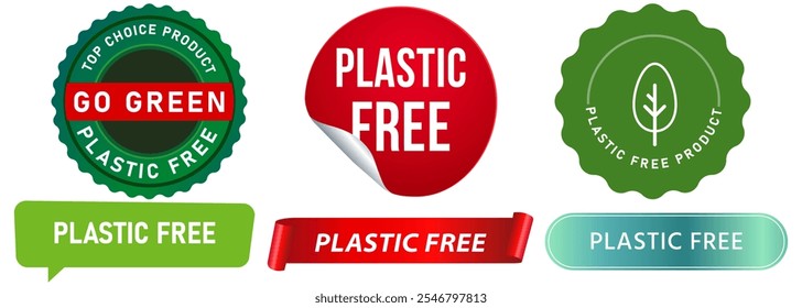 Plastic free zero waste reduce go green movement eco-friendly environmental natural leaf sign stamp colorful badges sticker ribbon banner label design icon set collection