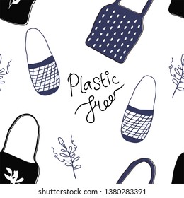 plastic free-tote bag-eco bags with white background vector seamless pattern 