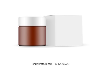 Plastic Frosted Amber Cosmetic Jar with Paper Box Mockup, Side View, Isolated on White Background. Vector Illustration