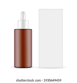 Plastic Frosted Amber Dropper Bottle with Paper Box Mockup, Front View, Isolated on White Background. Vector Illustration