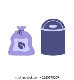 plastic garbage bag with rope and garbage can, flat vector illustration