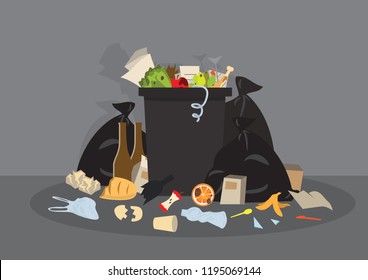 Plastic garbage bin full of trash. Overflowing garbage, food, rotten fruit, papers, containers and glass. Garbage recycling. Waste management Vector illustration in flat 