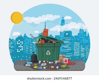 Papelera de plástico llena de basura. Basura desbordada, comida, fruta podrida, papeles, contenedores y vidrio. Equipo de reciclaje y utilización de basura. Ilustración vectorial de gestión de residuos estilo plano