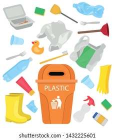 Plastic garbage. Bottles, bags, gloves, duck, rubber boots, disposable dishes.Cartoon vector illustration.