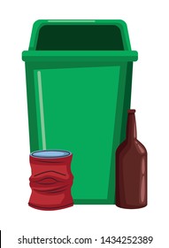 plastic garbage can, crumpled aluminum can and glass bottle icon cartoon vector illustration graphic design