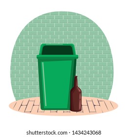 plastic garbage can and glass bottle icon cartoon outdoor with colorful bricks wall vector illustration graphic design