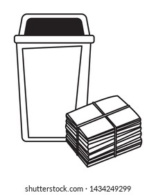 plastic garbage can and paper moored icon cartoon in black and white vector illustration graphic design
