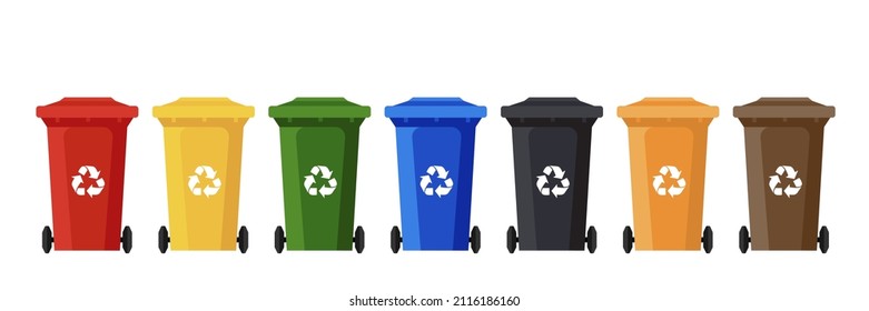 Plastic garbage containers of various types. Waste separation in recycling bins. Vector illustration.