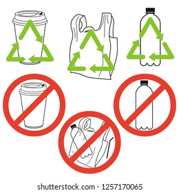Plastic garbage: a cup, a bag, a bottle, forbidden and recyclable. Vector illustration