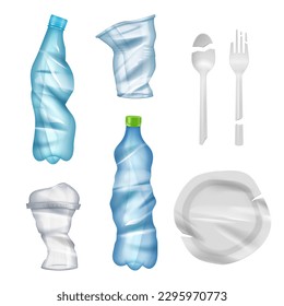 Basura de plástico. Botellas y tazas dañadas colección decente de vector realista