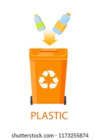 Plastic garbage and dustbin vector illustration of orange box with recycling symbol, bottles with colorful stripes on cases isolated on white backdrop