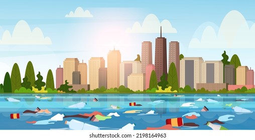 plastic garbage floating in dirty river pollution global world environment problem concept cityscape background