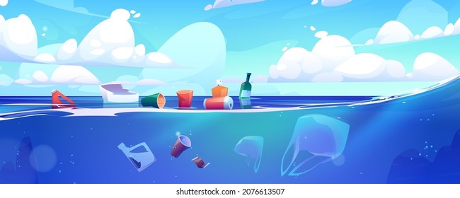 Plastic garbage floating on ocean water surface. Sea with different kinds of trash. Package wastes, bags, bottles in aqua. Ecology protection, underwater pollution concept, Cartoon vector illustration