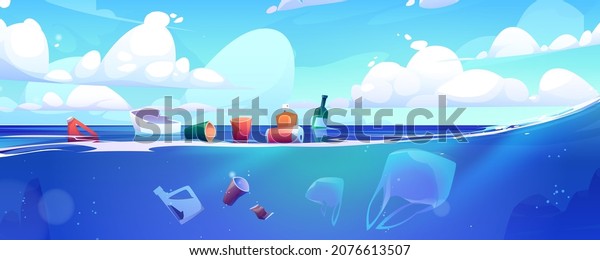 Plastic garbage floating on ocean water surface. Sea with different kinds of trash. Package wastes, bags, bottles in aqua. Ecology protection, underwater pollution concept, Cartoon vector illustration.