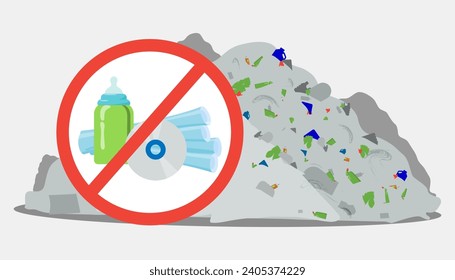 Plastic garbage in forbidden sign vector illustration. Huge pile of trash on background. Ban on non-recyclable packaging, ecology concept